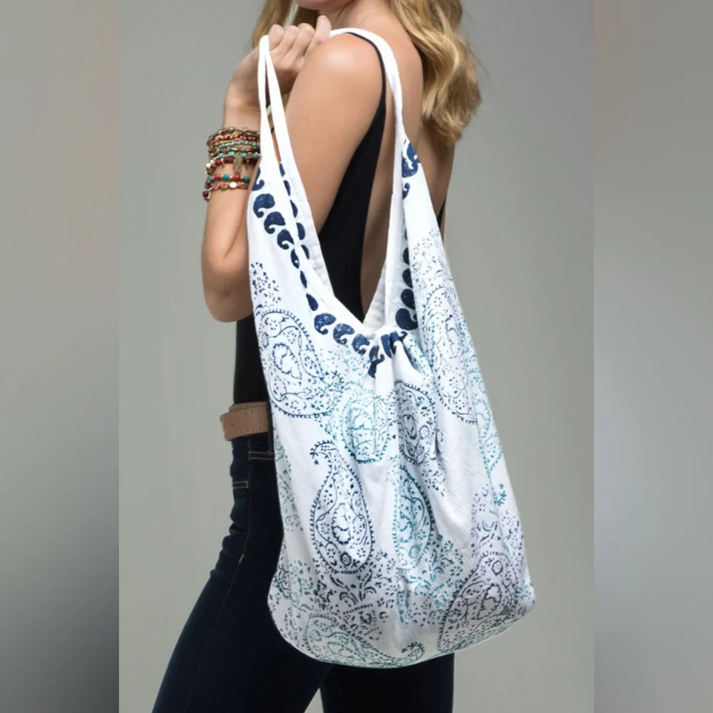 Hobo Beach Yoga Boho Chic Shoulder Bag - Handblock Paisley Print - Fine Cotton - Picture 4 of 6